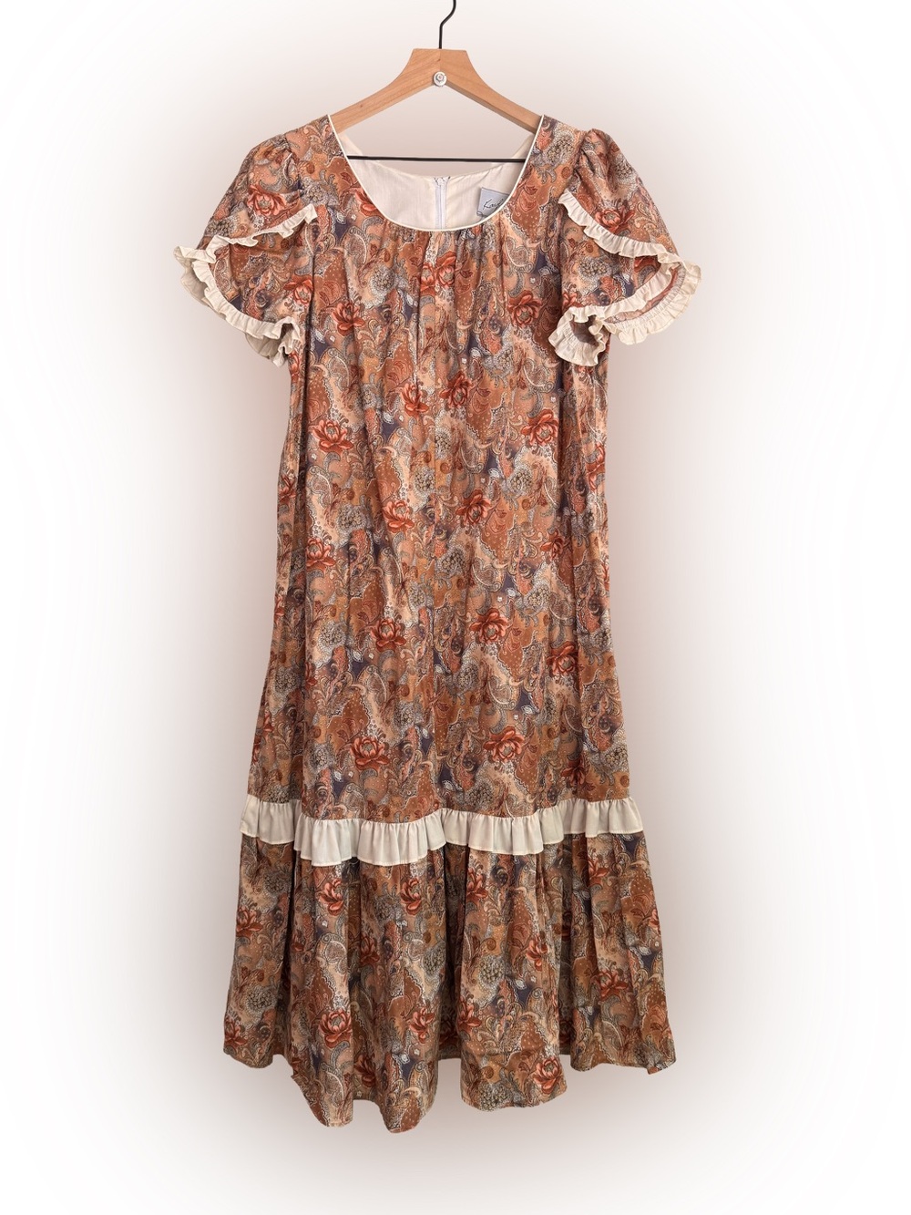 Kayla-G Hawaii Vintage Muumuu Dress 100% Cotton Brown Paisley Ruffle Floral Xl